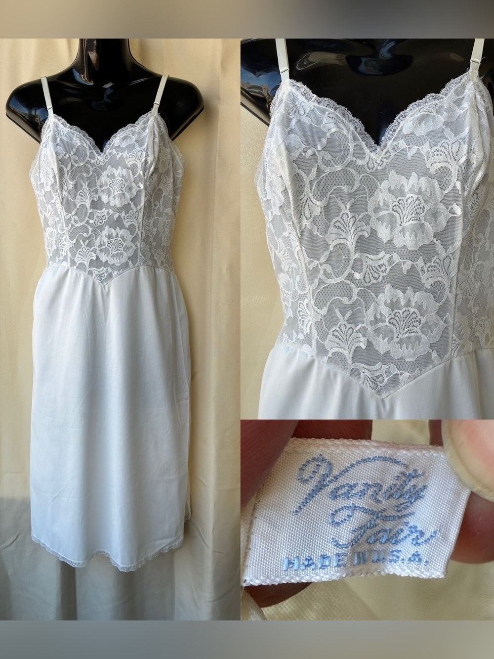 Vtg 50s Vanity Fair Off White Lace and Nylon Full Slip Size 32 XS